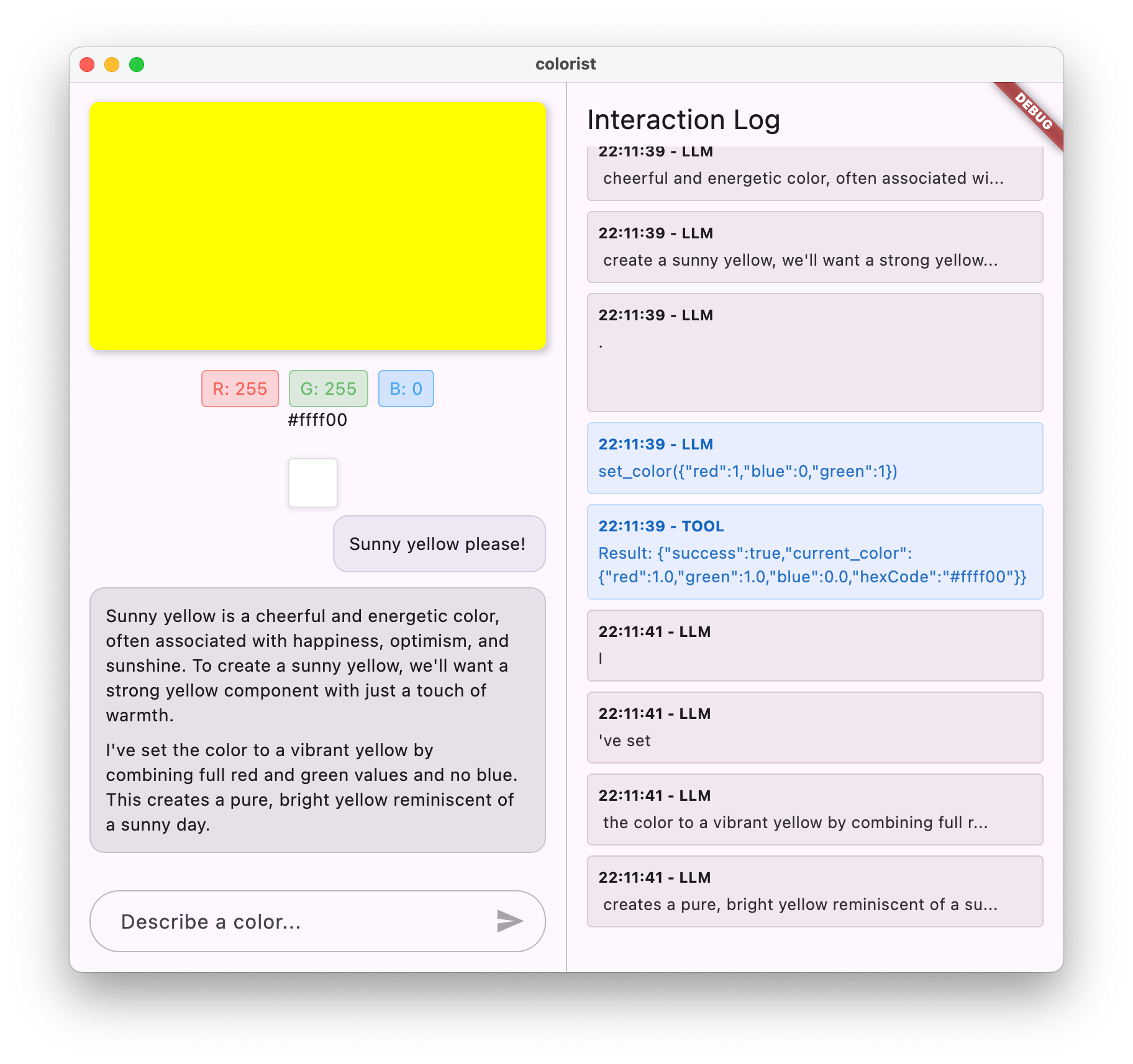 Screenshot dell&#39;app Colorist che mostra la visualizzazione dei colori e l&#39;interfaccia di chat