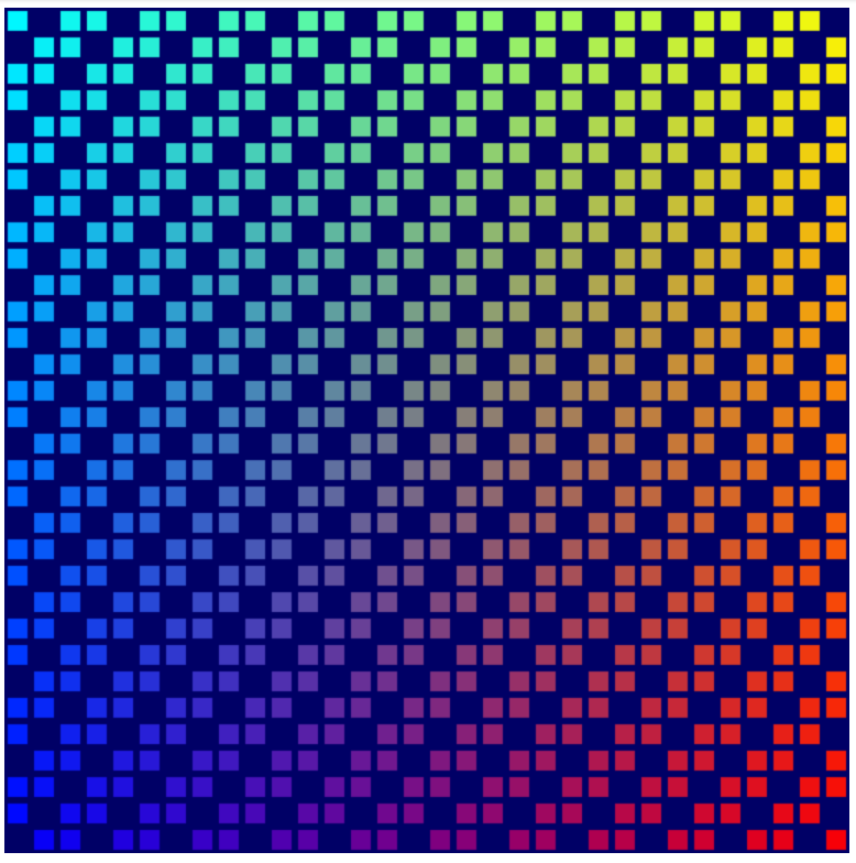 Strisce diagonali di quadrati colorati larghi due quadrati che vanno da sinistra in basso a destra in alto su sfondo blu scuro. L&#39;inversione dell&#39;immagine precedente.